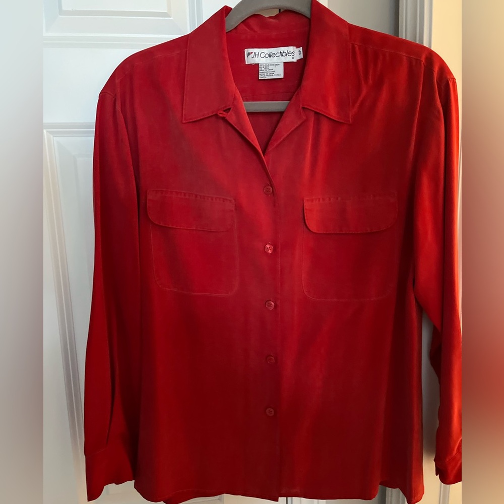 Elegant Red Silk Button-Up Blouse Long Sleeve Sz 8P by JH Collectibles
